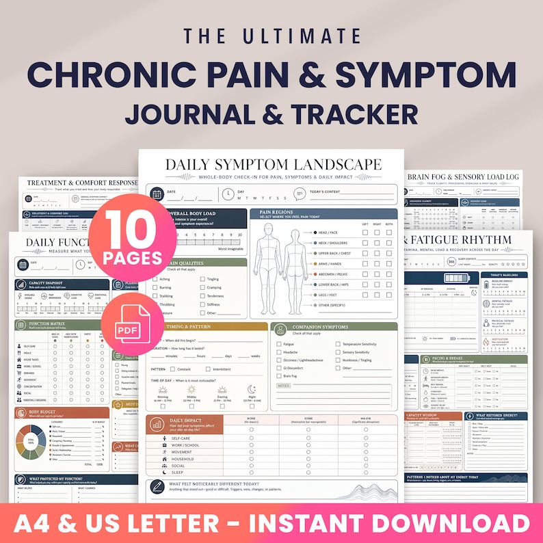 May include: A 10-page digital chronic pain and symptom journal and tracker in PDF format. The pages feature sections for daily symptom landscape, treatment response, brain fog, and fatigue rhythm, with A4 and US Letter size options available.