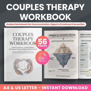 以下が含まれることがあります： 「Couples Therapy Workbook」というタイトルのカップルセラピーワークブックで、「Guided Worksheets for Communication, Repair & Emotional Connection」というサブタイトルが付いています。 ワークブックは56ページで、すぐにダウンロードできます。