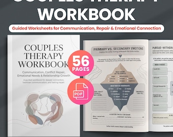Op de afbeelding: Een werkboek voor relatietherapie met de titel "Couples Therapy Workbook" en de ondertitel "Guided Worksheets for Communication, Repair & Emotional Connection". Het werkboek heeft 56 pagina's en is direct te downloaden.