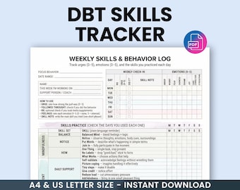 May include: A printable DBT Skills Tracker with a weekly skills and behavior log. The document includes sections for tracking urges, emotions, and practiced skills. It features a PDF icon and the text "A4 & US LETTER SIZE - INSTANT DOWNLOAD".