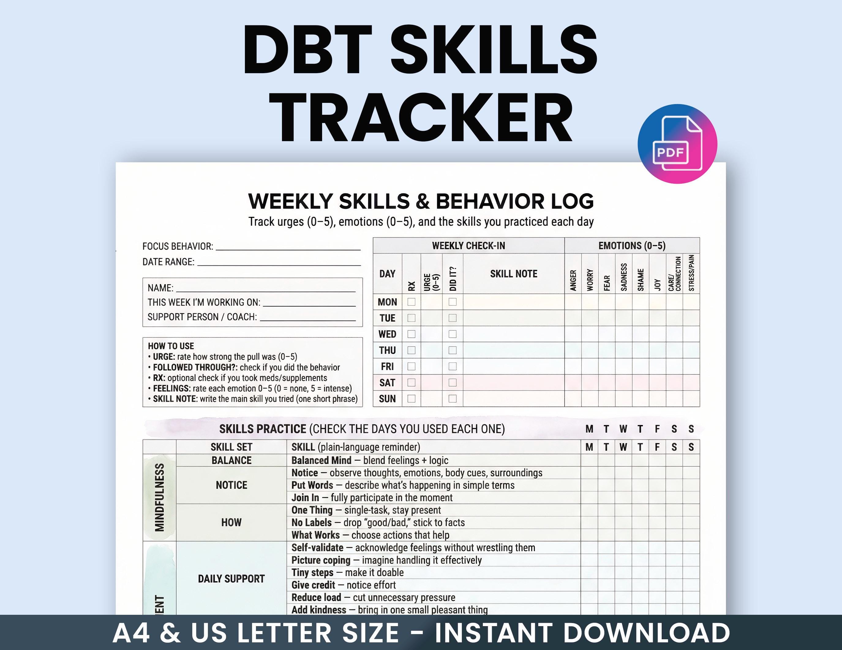 Weekly DBT Skills Tracker Printable - Self Regulation Checklist, Urge ...