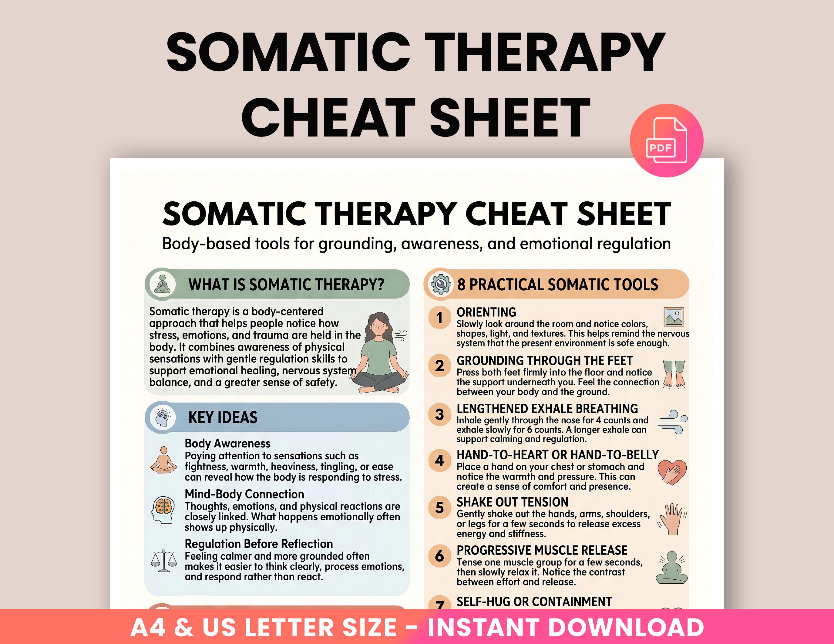 Somatic Therapy Cheat Sheet, Nervous System Regulation, Coping Skills ...
