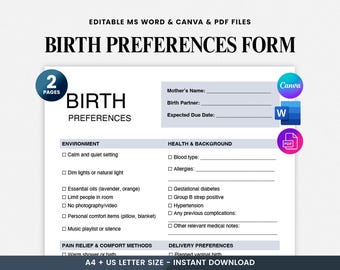 Birth Plan Template, Editable Birth Preferences Template, Printable Hospital Birth Plan Form, Natural Birth Plan, Birth Plan Checklist Canva