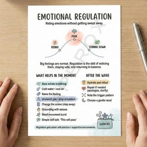 May include: A printed guide titled "EMOTIONAL REGULATION" with a diagram of a wave, and text describing how to manage emotions. A silver pen rests on the wooden surface next to the guide. The guide includes a "calm kit" graphic.