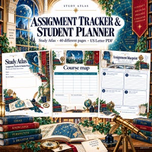 May include: A digital assignment tracker and student planner set featuring three pages with academic themes. The pages include headers like Assignment Tracker, Course Map, and Assignment Blueprint, decorated with illustrations of books, globes, and telescopes.