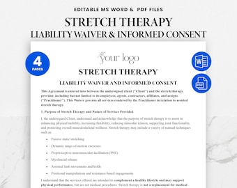 Könnte beinhalten: Ein Dokument mit dem Titel "STRETCH THERAPY LIABILITY WAIVER & INFORMED CONSENT" mit dem Text "EDITABLE MS WORD & PDF FILES" oben. Das Dokument enthält ein Logo, einen Abschnitt über den Zweck der Dehnungstherapie und eine Liste von Techniken.