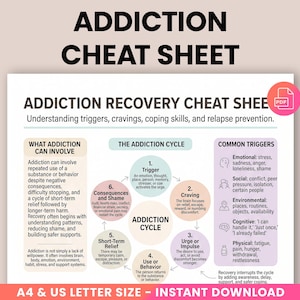 May include: A white and pink Addiction Recovery Cheat Sheet titled "ADDICTION CHEAT SHEET" in bold black letters. The sheet details triggers, cravings, coping skills, and relapse prevention. It features sections on addiction, the addiction cycle, and common triggers. The bottom text reads "A4 & US LETTER SIZE - INSTANT DOWNLOAD".