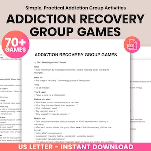 Może przedstawiać: Cyfrowe pobranie zatytułowane "Addiction Recovery Group Games" z tekstem "70+ Games". Dokument zawiera instrukcje dotyczące zajęć grupowych, takich jak runda "The Next Right Step". Plik do pobrania jest w formacie US Letter.
