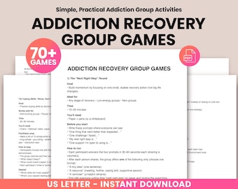 Puede incluir: Una descarga digital titulada "Addiction Recovery Group Games" con el texto "70+ Games". El documento incluye instrucciones para actividades grupales, como la ronda "The Next Right Step". La descarga está en formato US Letter.