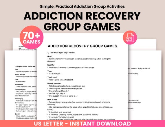 Addiction Recovery Group Therapy Games 75 Activities - Counseling Tools for Adults, Relapse Prevention Worksheets, CBT DBT Skills PDF