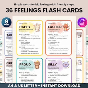 May include: A set of 36 feelings flash cards with colorful illustrations and text. The cards are designed for children and include words like "Happy," "Sad," and "Excited." The text on the cards includes "What it Means," "Body Clues," and "Try This."