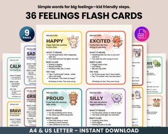 May include: A set of 36 feelings flash cards with colorful illustrations and text. The cards are designed for children and include words like "Happy," "Sad," and "Excited." The text on the cards includes "What it Means," "Body Clues," and "Try This."