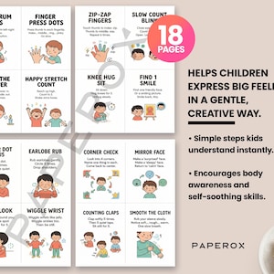 May include: A set of 18 pages with illustrations and instructions for children to express feelings. Each page features a different activity, such as "Tiny Drum Taps" and "Find 1 Smile", with accompanying text and drawings.