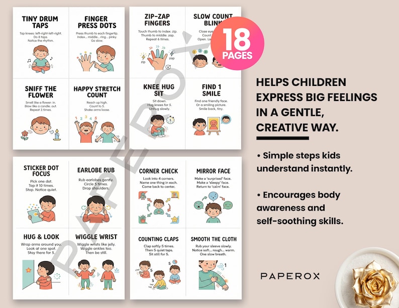 May include: A set of 18 pages with illustrations and instructions for children to express feelings. Each page features a different activity, such as "Tiny Drum Taps" and "Find 1 Smile", with accompanying text and drawings.