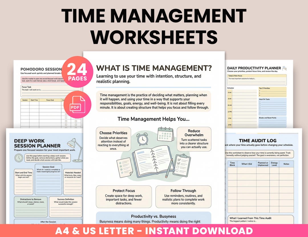 Time Management Worksheets for Adults and Kids, ADHD Planner, Executive ...