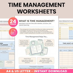 May include: A collection of printable time management worksheets. The title "TIME MANAGEMENT WORKSHEETS" is at the top. The worksheets include a Pomodoro session, deep work session planner, and daily productivity planner. The text "24 PAGES" and "PDF" are also visible.