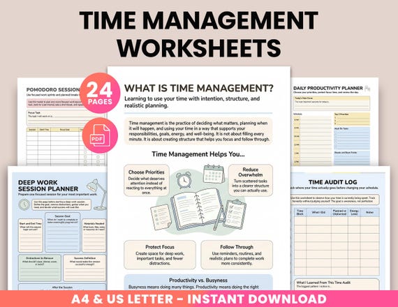 Time Management Worksheets for Adults and Kids, ADHD Planner, Executive Functioning Workbook, Productivity & Routine Printable, Therapy PDF