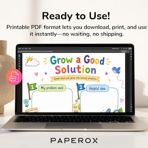 Pu&ograve; includere: Uno schermo di un portatile mostra un foglio di lavoro stampabile colorato intitolato Grow a Good Solution con sezioni per My problem seed e Helpful idea. La grafica include un sole, nuvole, un uccellino blu e fiori, con un'icona PDF rosa a sinistra.
