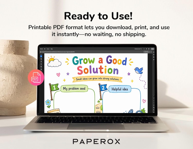 Pu&ograve; includere: Uno schermo di un portatile mostra un foglio di lavoro stampabile colorato intitolato Grow a Good Solution con sezioni per My problem seed e Helpful idea. La grafica include un sole, nuvole, un uccellino blu e fiori, con un'icona PDF rosa a sinistra.