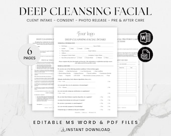 Mall för blanketter för djuprengörande ansiktsbehandling | Estetiker, klientintag, samtycke, eftervård och förbehandling i PDF och Word | Medspa Aesthetic Forms Kit