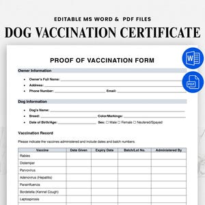 Registro de Vacinação de Cães - Comprovante de Vacinação de Cães - Formulário de Imunização de Animais de Estimação para Impressão - Certificado de Comprovante de Vacinação Editável para Cães em PDF