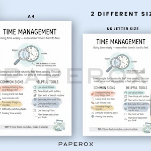 May include: Two time management posters, one A4 size and one US Letter size, with the text "Time Management." The posters include illustrations of a clock, magnifying glass, and hourglass, along with tips for managing time effectively. A black pen is visible.