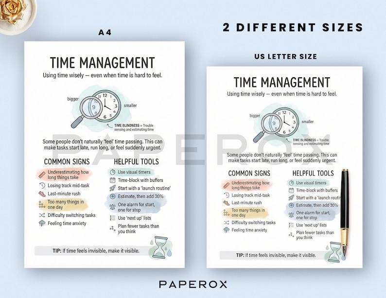 May include: Two time management posters, one A4 size and one US Letter size, with the text "Time Management." The posters include illustrations of a clock, magnifying glass, and hourglass, along with tips for managing time effectively. A black pen is visible.