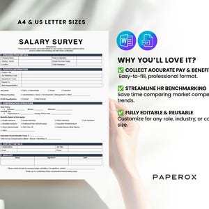 Puede incluir: Un formulario blanco de encuesta salarial con texto negro, que incluye secciones para detalles de la organizaci&oacute;n y el puesto. El formulario est&aacute; en manos de una persona. El texto incluye "Salary Survey" y "A4 & US Letter Sizes".