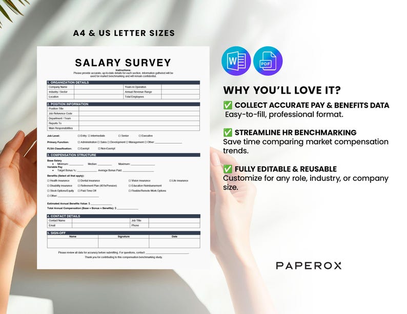 Puede incluir: Un formulario blanco de encuesta salarial con texto negro, que incluye secciones para detalles de la organizaci&oacute;n y el puesto. El formulario est&aacute; en manos de una persona. El texto incluye "Salary Survey" y "A4 & US Letter Sizes".