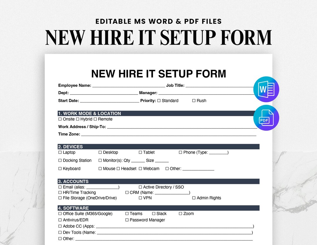 New Hire IT Setup Checklist – Editable Tech Provisioning Form & Network ...