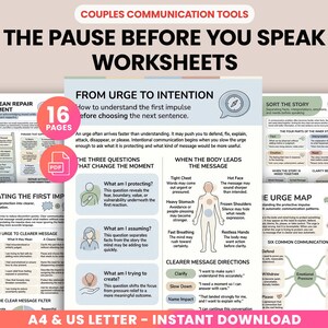 May include: A set of worksheets titled "The Pause Before You Speak" for couples communication. The pages include diagrams and text on topics like "From Urge to Intention" and "The Clear Repair Statement." The worksheets are available for instant download.