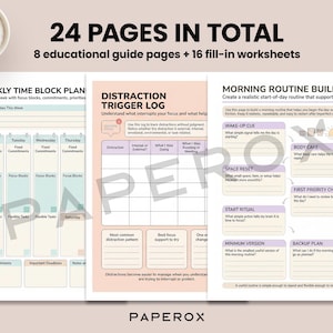 May include: A planner with the text "24 PAGES IN TOTAL" and "8 educational guide pages + 16 fill-in worksheets." The planner includes sections for weekly time blocks, distraction logs, and morning routine building. A pen is also visible.