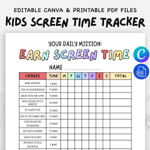 May include: A printable kids' screen time tracker with the text "KIDS SCREEN TIME TRACKER" at the top. The tracker includes a section to "EARN SCREEN TIME" and a chart to track chores, time, and total time. The chart includes a space for the child's name.