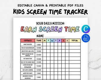 Verdien tijdschema voor kinderen en tieners | Afdrukbare checklist schermtijd | Bewerkbare dagelijkse tracker | Pdf direct downloaden: Canva-sjabloon