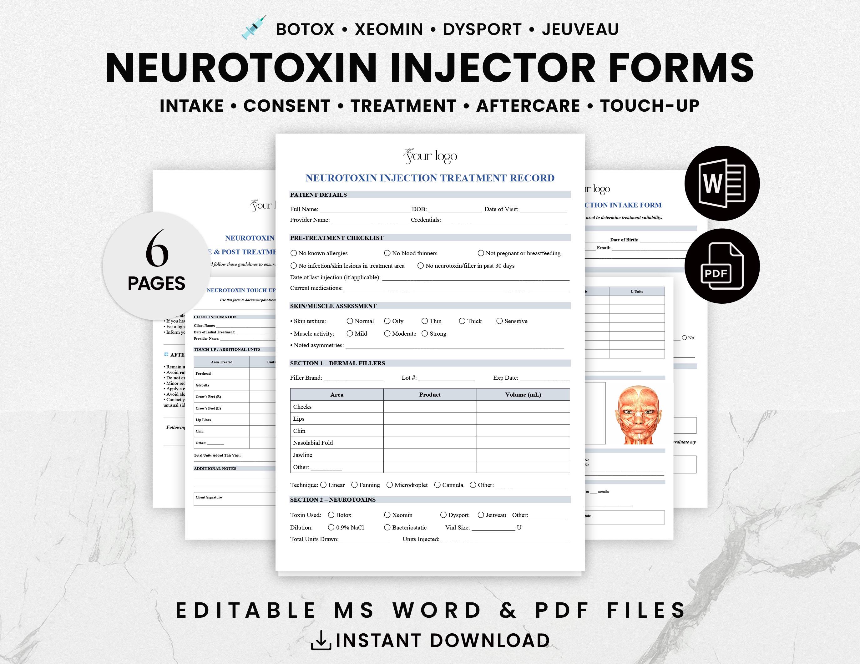 Injection Test Form Neurotoxin Injection Form Bundle – Botox Consent Intake Treatment ...