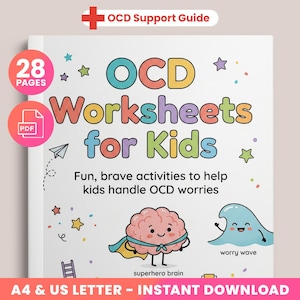 May include: A white book titled "OCD Worksheets for Kids" with colorful text and illustrations. The cover features a superhero brain, a smiling wave, and stars. The book is labeled "28 Pages" and "A4 & US LETTER - INSTANT DOWNLOAD".