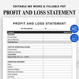 May include: A white Profit and Loss Statement template with the text "EDITABLE MS WORD & FILLABLE PDF" at the top. The document includes sections for revenue, cost of goods sold, and operating expenses. Icons for MS Word and PDF are on the right.