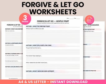 Forgive & Let Go Worksheet PDF - Printable Self Forgiveness Therapy, Release Anger, Shame and Guilt, Self Acceptance, Conflict Resolution