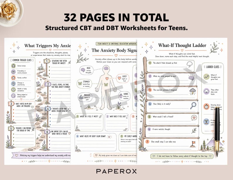 May include: A set of 32 pages of structured CBT and DBT worksheets for teens, featuring titles like What Triggers My Anxiety, The Anxiety Body Signals, and What-If Thought Ladder. The pages include illustrations, fillable lines, and checkboxes.