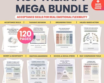 ACT Therapy Worksheets Mega Bundle, Acceptance and Commitment Therapy Workbook, Counselor Resources, Coping Skills, Anxiety Worksheets, SEL