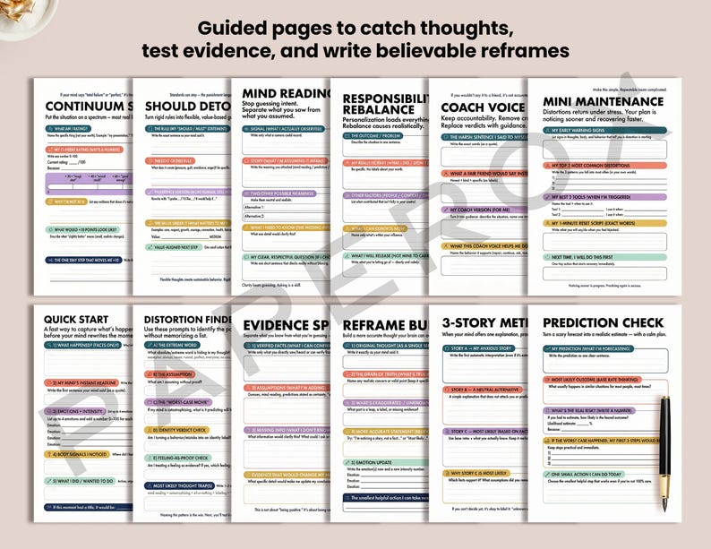 Cognitive Distortions Workbook, CBT Worksheets & Thought Record, Thought Reframing Tools, Distortion Wheel Poster, CBT Cheat Sheet, Bundle image 5