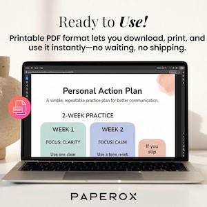 May include: A laptop screen shows a "Personal Action Plan" with a 2-week practice guide for improved communication. The plan highlights clarity and calm as focus areas. The text "Ready to Use!" and "Printable PDF format" are displayed. A PDF icon is visible.