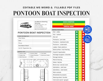 May include: A white document titled "PONTOON BOAT INSPECTION" with editable MS Word and fillable PDF file options. The form includes sections for client information, service type, and inspection areas, with a color-coded condition assessment.