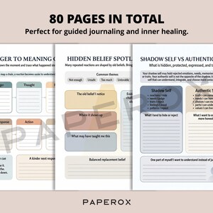 May include: A journal with three open pages, featuring prompts for self-reflection and inner healing. The pages have headings like "Trigger to Meaning" and "Shadow Self vs Authentic Self." A pen rests on the right side. The text reads "80 pages in total."