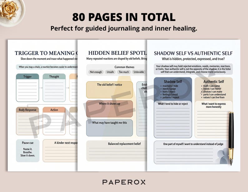 May include: A journal with three open pages, featuring prompts for self-reflection and inner healing. The pages have headings like "Trigger to Meaning" and "Shadow Self vs Authentic Self." A pen rests on the right side. The text reads "80 pages in total."