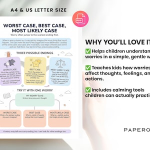 May include: A printable PDF titled "WORST CASE, BEST CASE, MOST LIKELY CASE" for children. The infographic explains how to manage worries, featuring three possible endings and calming tools. The document is A4 & US LETTER SIZE.