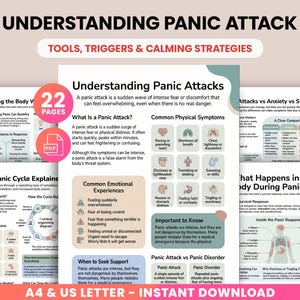 Puede incluir: Una descarga digital titulada "Understanding Panic Attack" con herramientas, desencadenantes y estrategias de calma. El documento incluye 22 páginas de información sobre ataques de pánico, incluyendo síntomas, causas y mecanismos de afrontamiento. Disponible en tamaños A4 y US Letter.