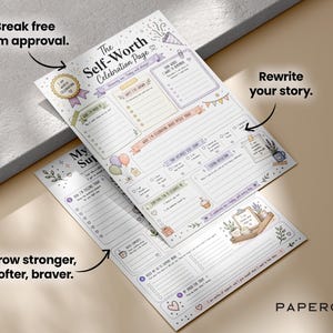 May include: Two white paper sheets titled The Self-Worth Celebration Page and My Support Menu, featuring pastel-colored illustrations of balloons, cupcakes, and banners. The pages contain lined sections for writing, checkboxes, and prompts for self-reflection.
