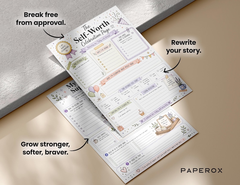 May include: Two white paper sheets titled The Self-Worth Celebration Page and My Support Menu, featuring pastel-colored illustrations of balloons, cupcakes, and banners. The pages contain lined sections for writing, checkboxes, and prompts for self-reflection.