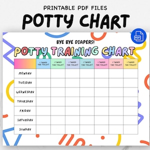 May include: A printable potty training chart with the text "Potty Training Chart" in colorful letters. The chart includes spaces for each day of the week and the phrase "I tamed the toilet!" above each day. The background has colorful shapes.